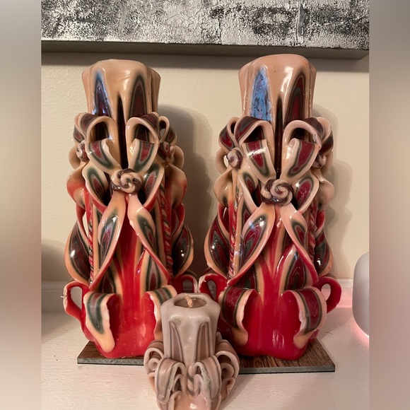 Carved Candles Home Decor Handmade Design Gift Hand Cream Burgundy Set Of Two - Picture 5 of 7